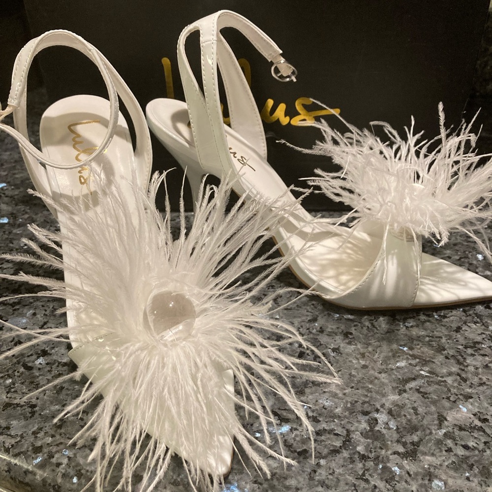 White patent leather feather heels size 7